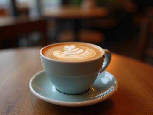 Close-up de uma xícara de café com arte de latte em uma mesa