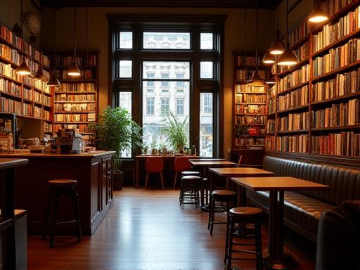 Vista interna do café da livraria com mesas e cadeiras